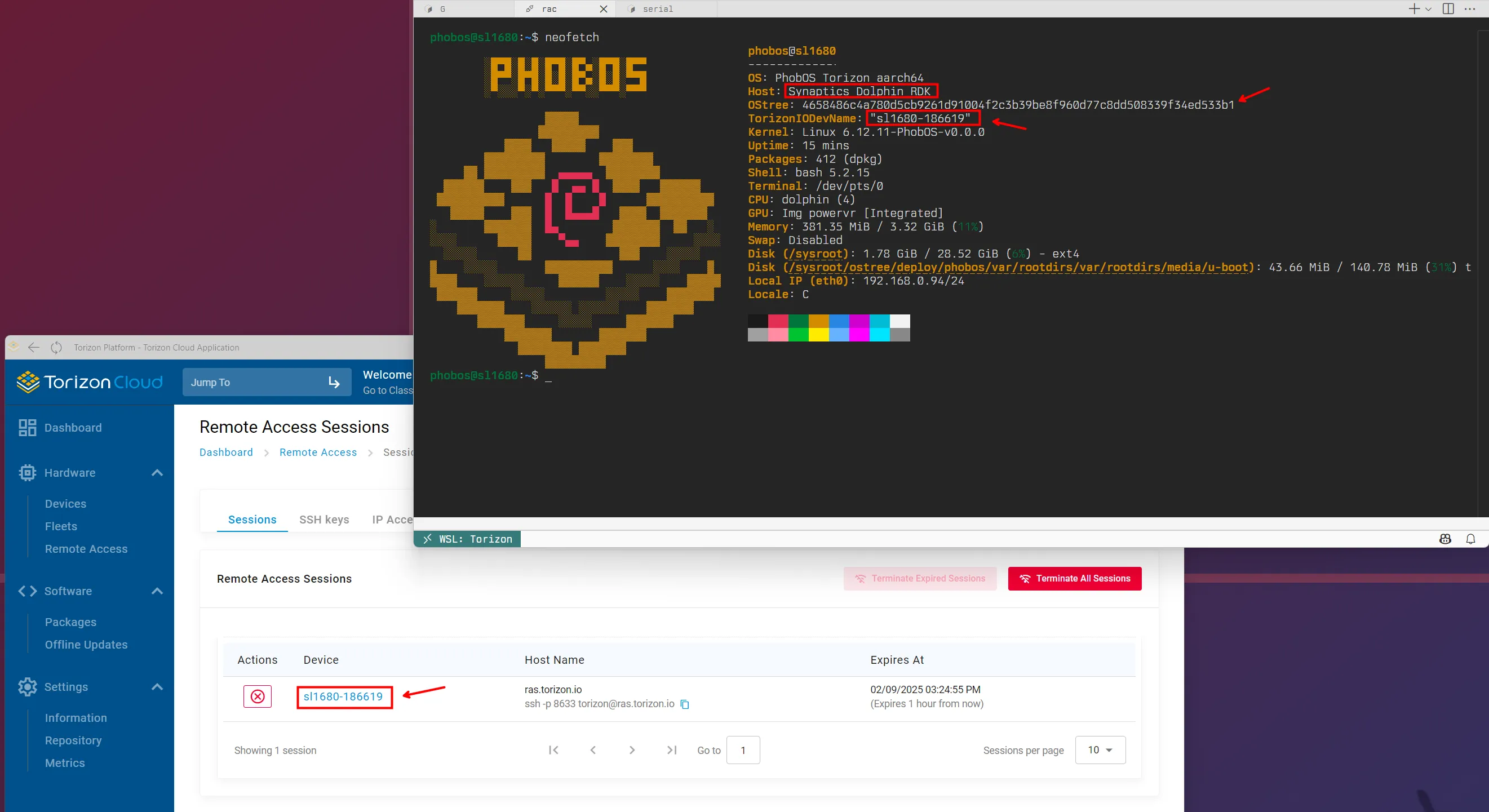 PhobOS running and paired to Torizon Cloud being accessed by the Torizon Remote Access Connection caption-show